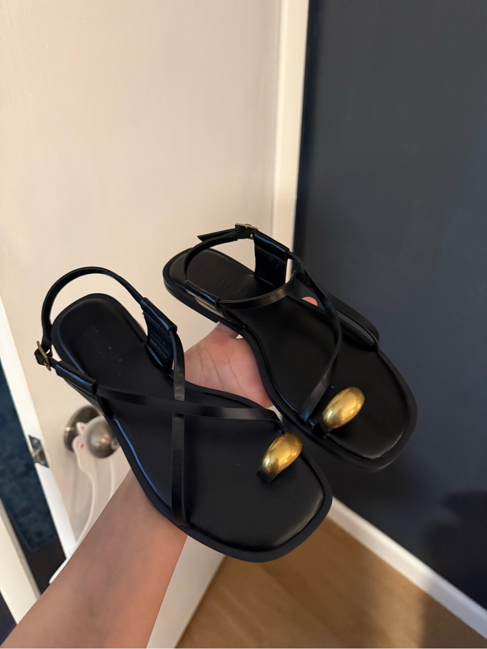 Black Strappy Women's Sandals with Gold Toe Accent